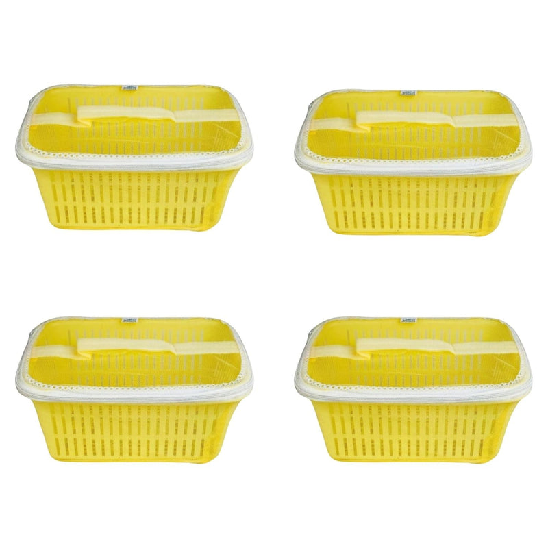 GoHooked yellow plastic storage baskets with zip net covers, pack of 4. Ideal for fruit, vegetables, and general storage.