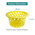 GoHooked yellow plastic storage net basket with open weave design and handle. Perfect for fruits, vegetables, or essentials.