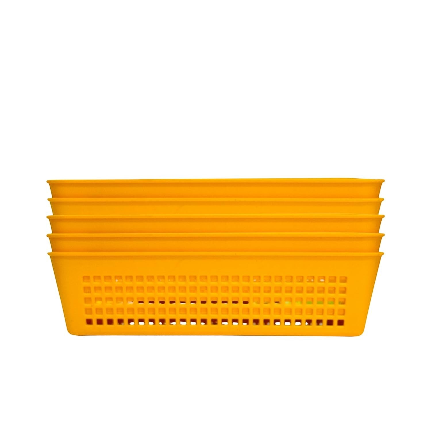 Go Hooked set of 5 small yellow plastic storage baskets with perforated sides and integrated handles.