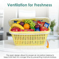 Go Hooked yellow plastic storage basket with zip net cover filled with fruits and snacks.