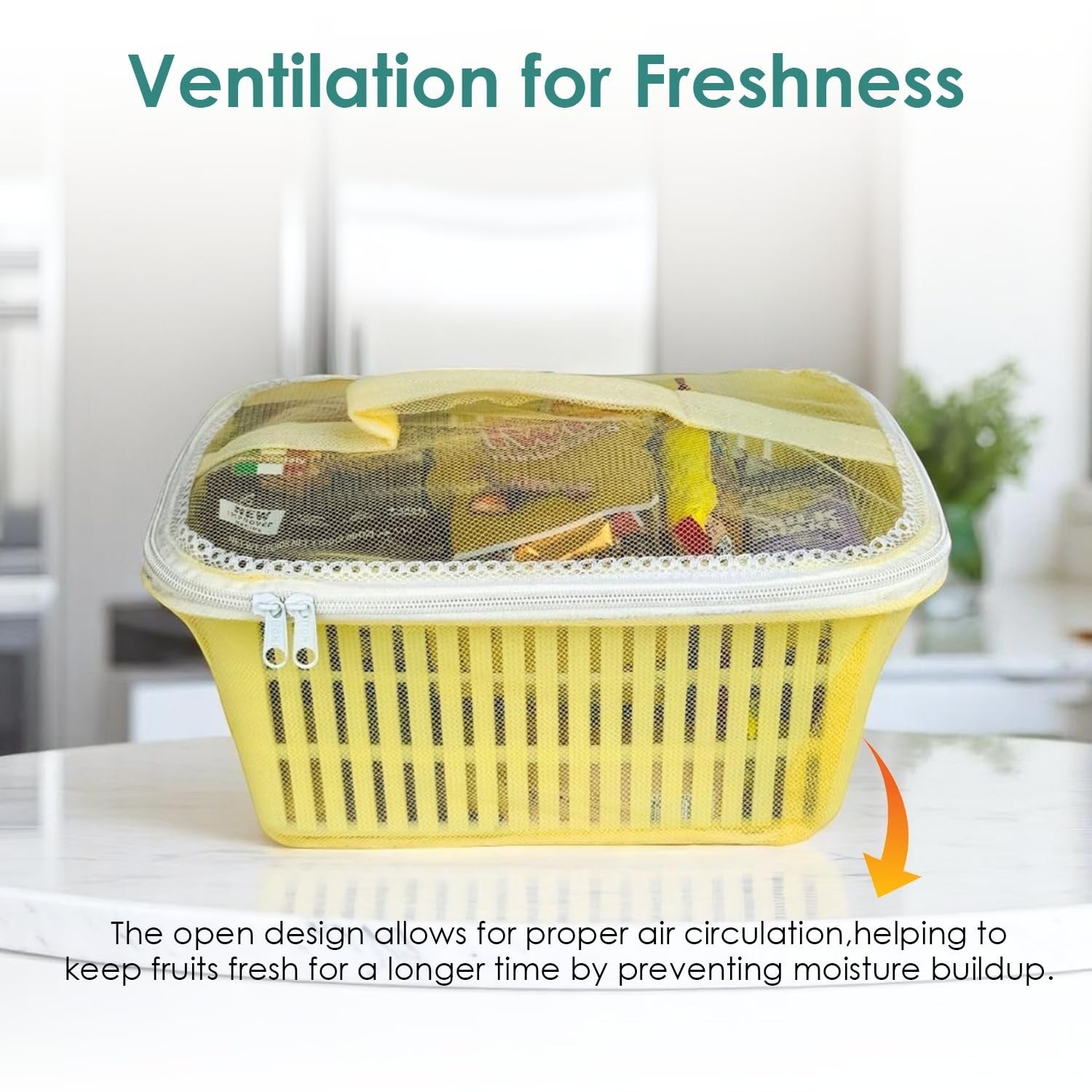 GoHooked yellow plastic storage basket with zip net cover, filled with snacks and produce. Ideal for pantry or countertop.