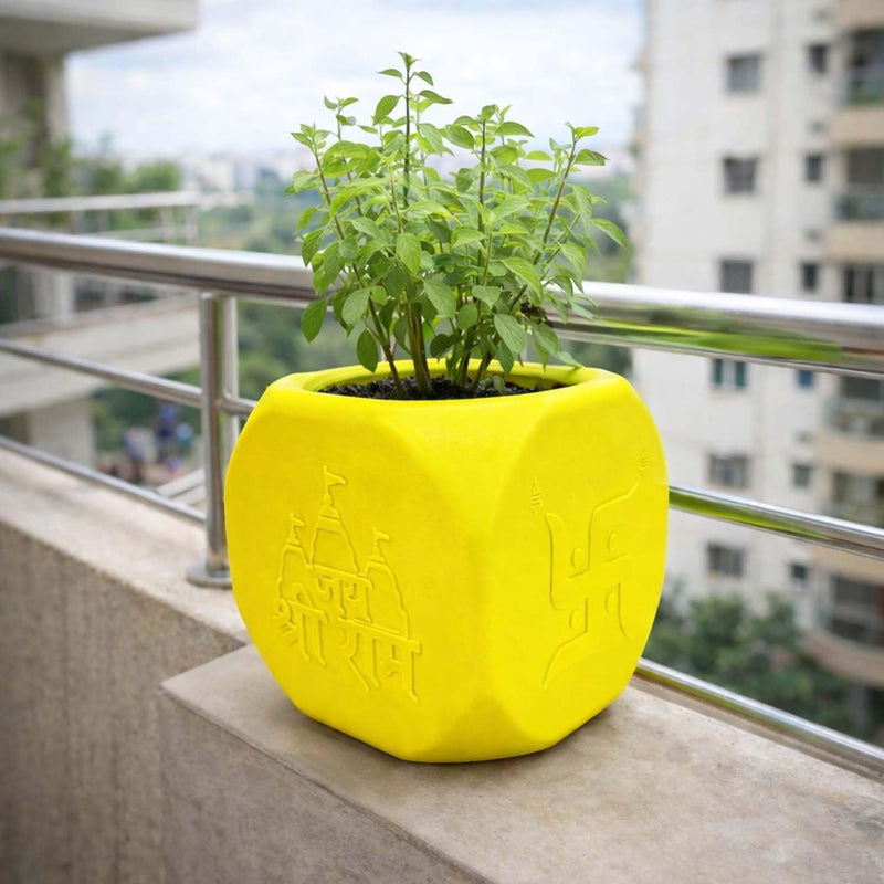 GoHooked yellow plastic Tulsi plant pot with Hindu symbols, 17.5cm square, lightweight and durable for home or pooja room.