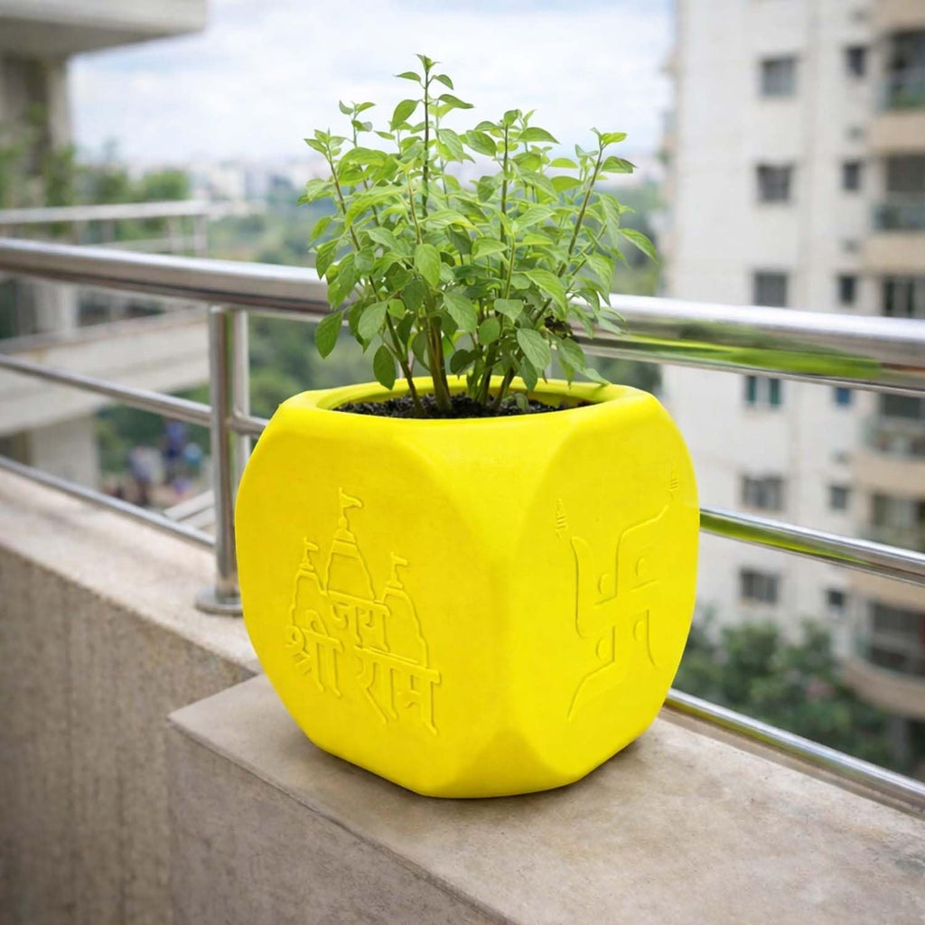 GoHooked yellow plastic Tulsi plant pot with Hindu symbols, 17.5cm square, lightweight and durable for home or pooja room.