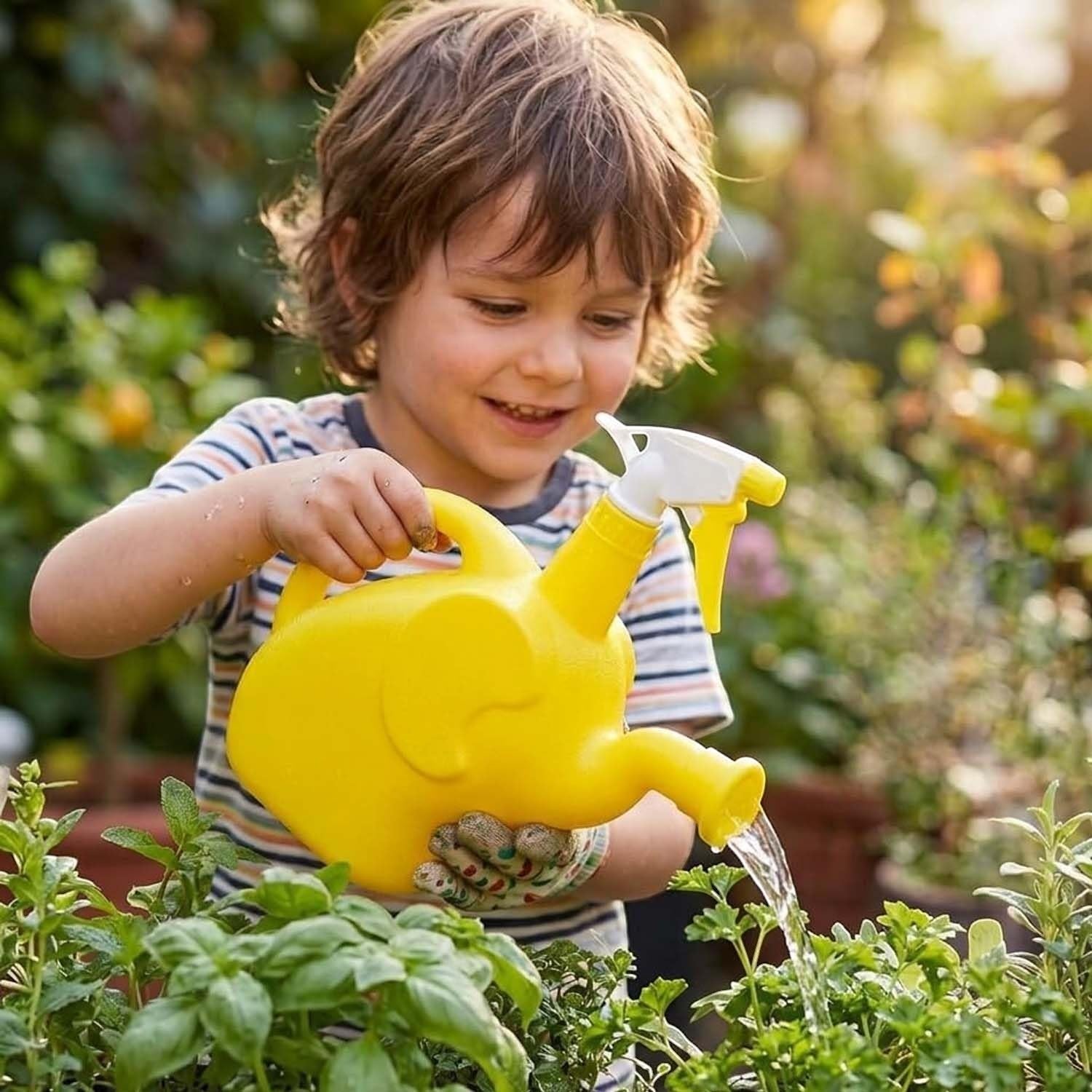 GoHooked yellow plastic 2-in-1 watering can with spray nozzle watering green plants in a garden