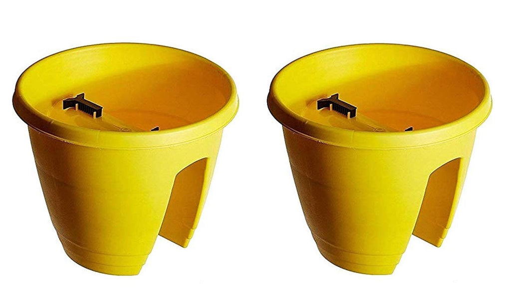GoHooked yellow plastic railing pots, 12 inch set of 2. Perfect for balconies and flowers.