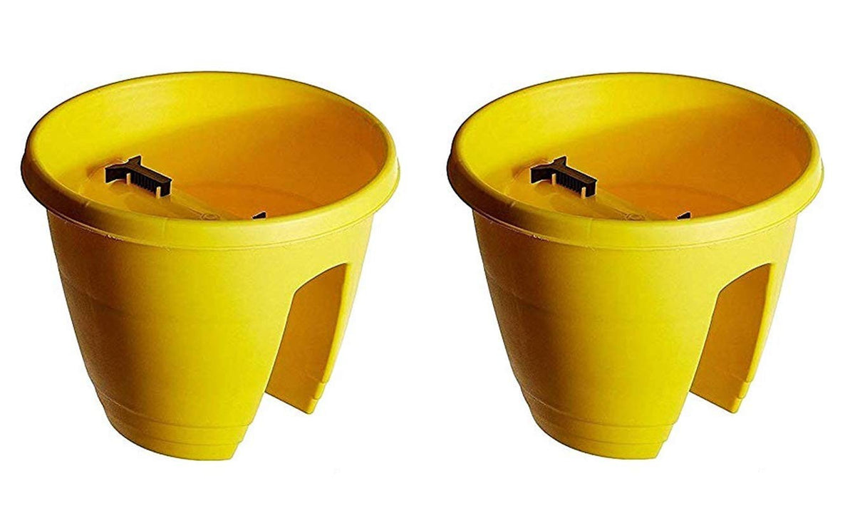 GoHooked yellow plastic railing pots, 12 inch set of 2. Perfect for balconies and flowers.