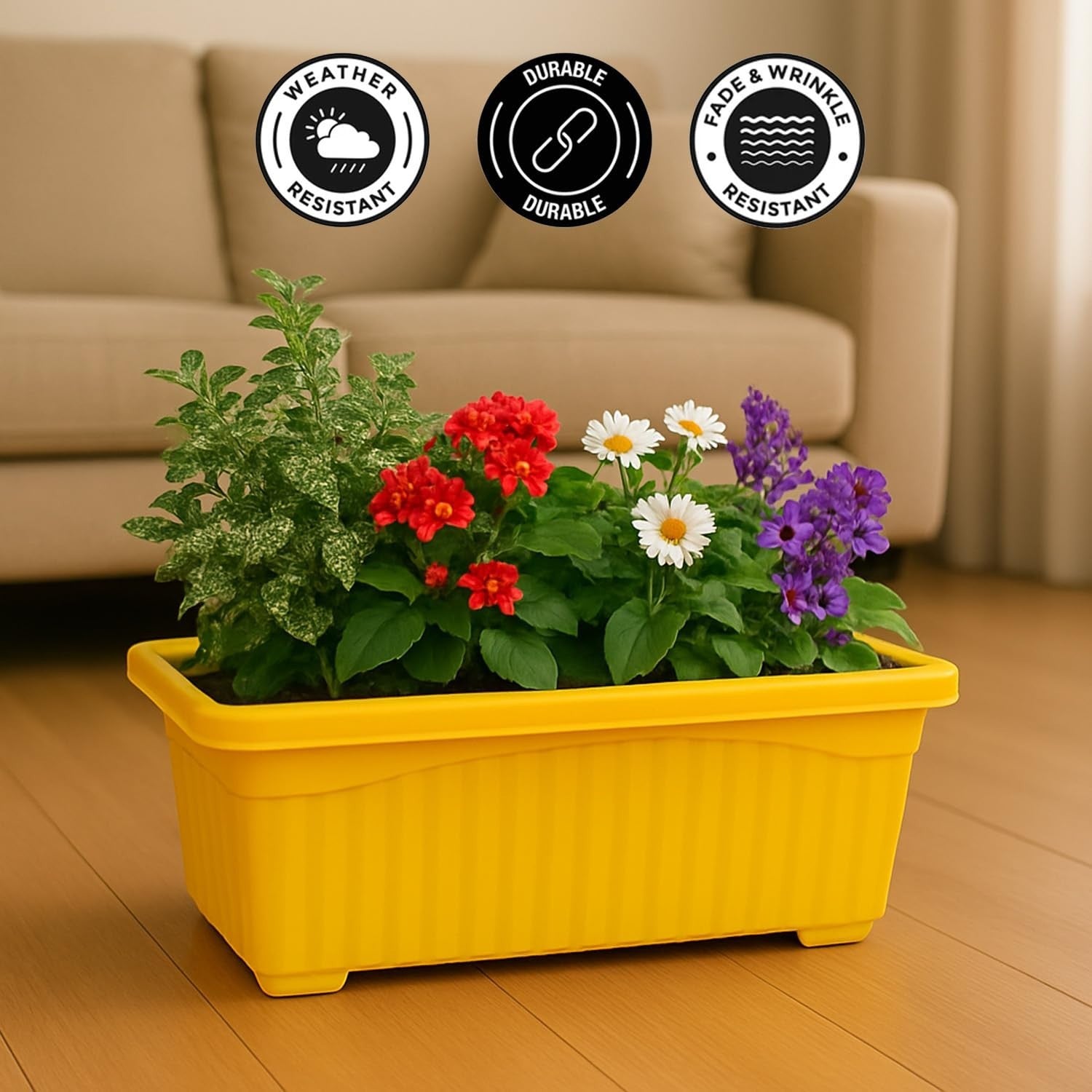 GoHooked yellow rectangular plastic planter with red, white, and purple flowers. Features weather and fade resistant.