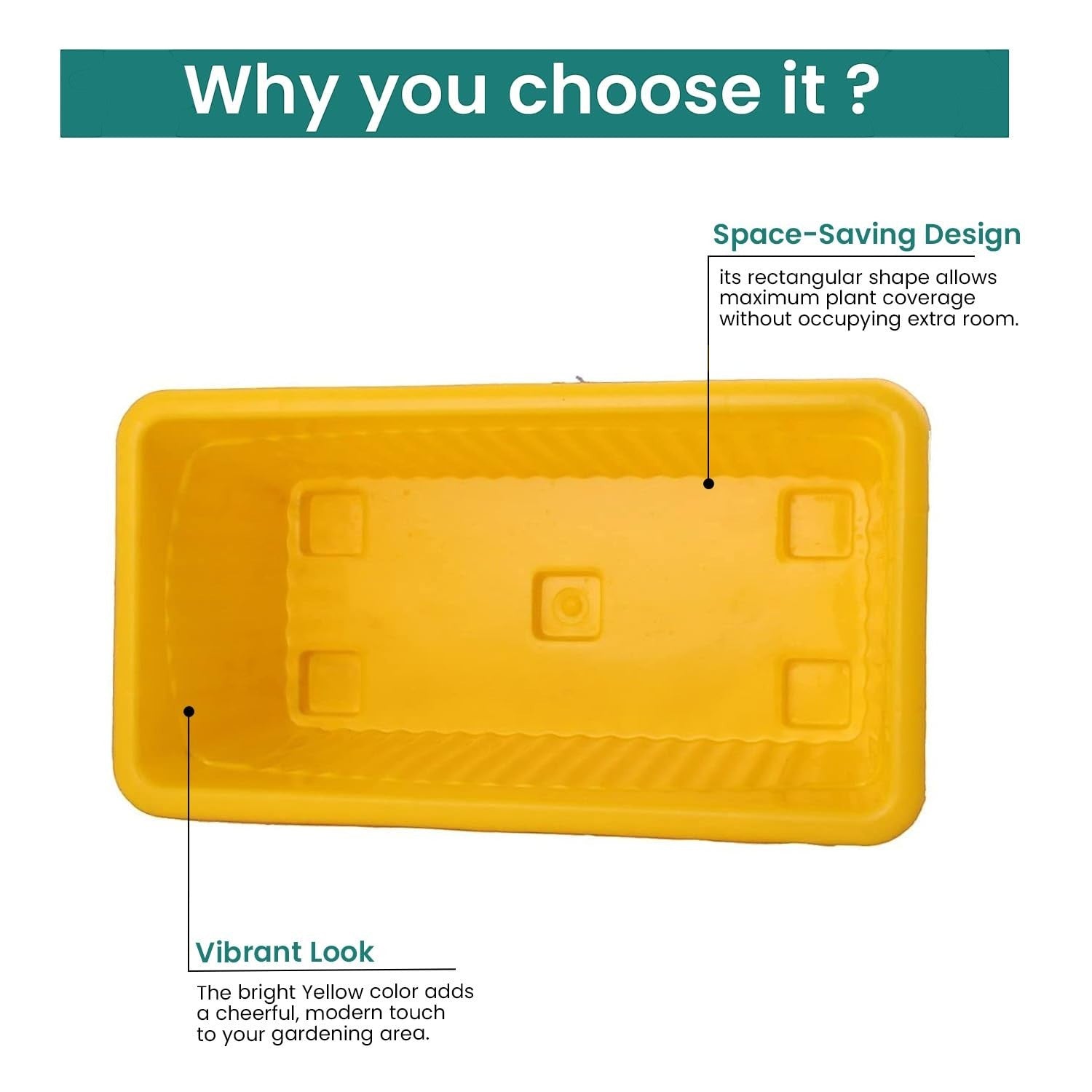 GoHooked yellow rectangular plastic plant pot, 35x18.5x15 cm, rust-resistant, ideal for indoor/outdoor use.