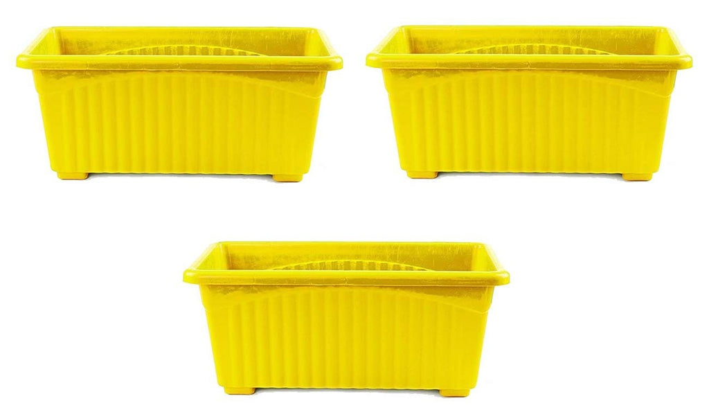 GoHooked Set of 3 yellow rectangular plastic plant pots with ribbed texture and rust-resistant feature.
