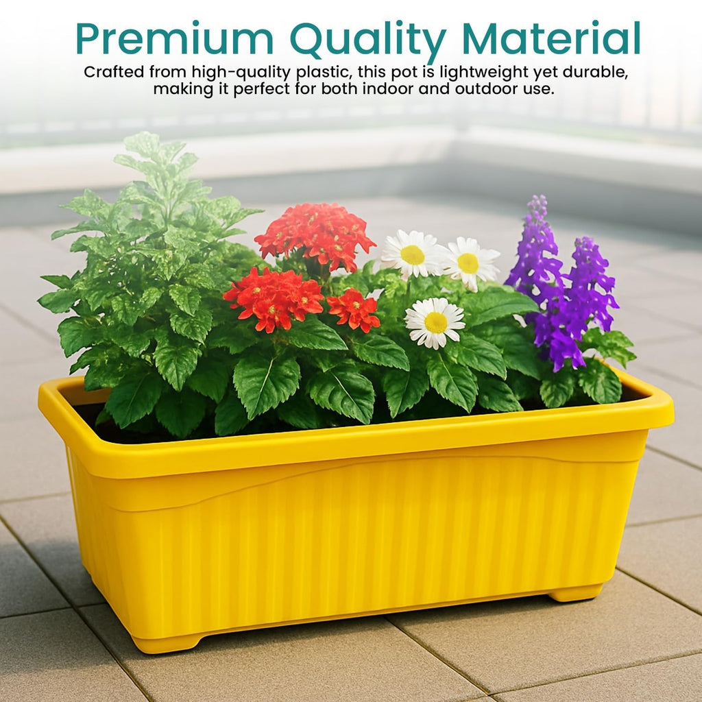 GoHooked yellow rectangular plastic planter pot with red, white, and purple flowers. Rust resistant and durable.