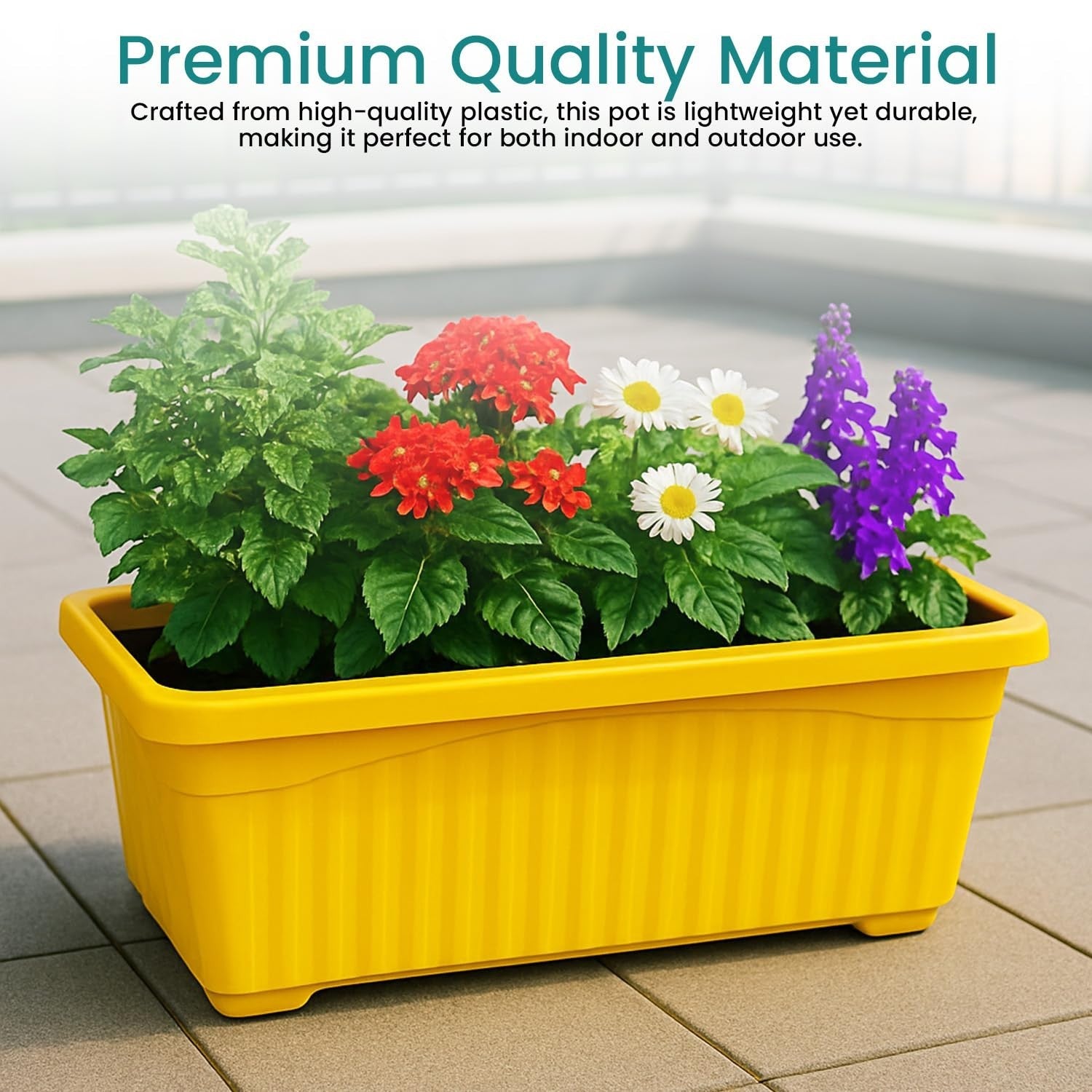 GoHooked yellow rectangular plastic planter pot with red, white, and purple flowers. Rust resistant and durable.