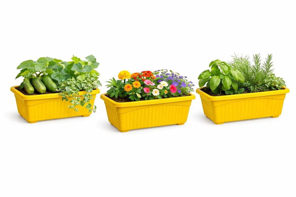 GoHooked set of 3 yellow rectangular plastic planters with cucumbers, flowers, and herbs. Rust resistant.