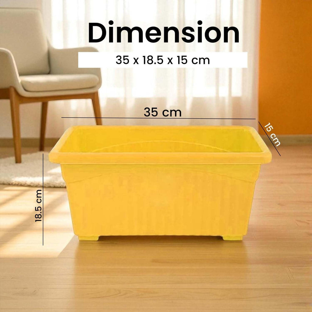 GoHooked yellow rectangular plastic plant pot, 35 x 18.5 x 15 cm, rust-resistant, ideal for home or garden.