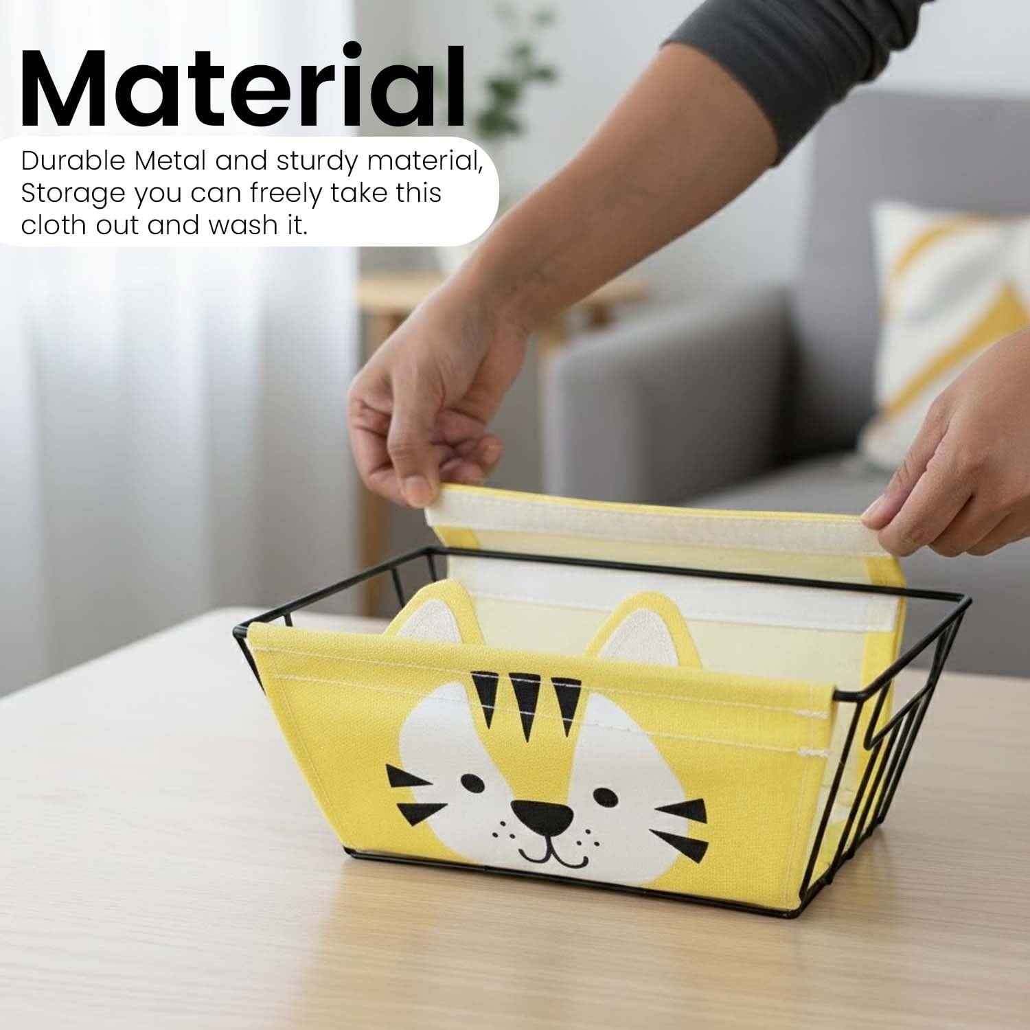 GoHooked yellow metal wire storage basket with cute tiger face design and detachable fabric liner.