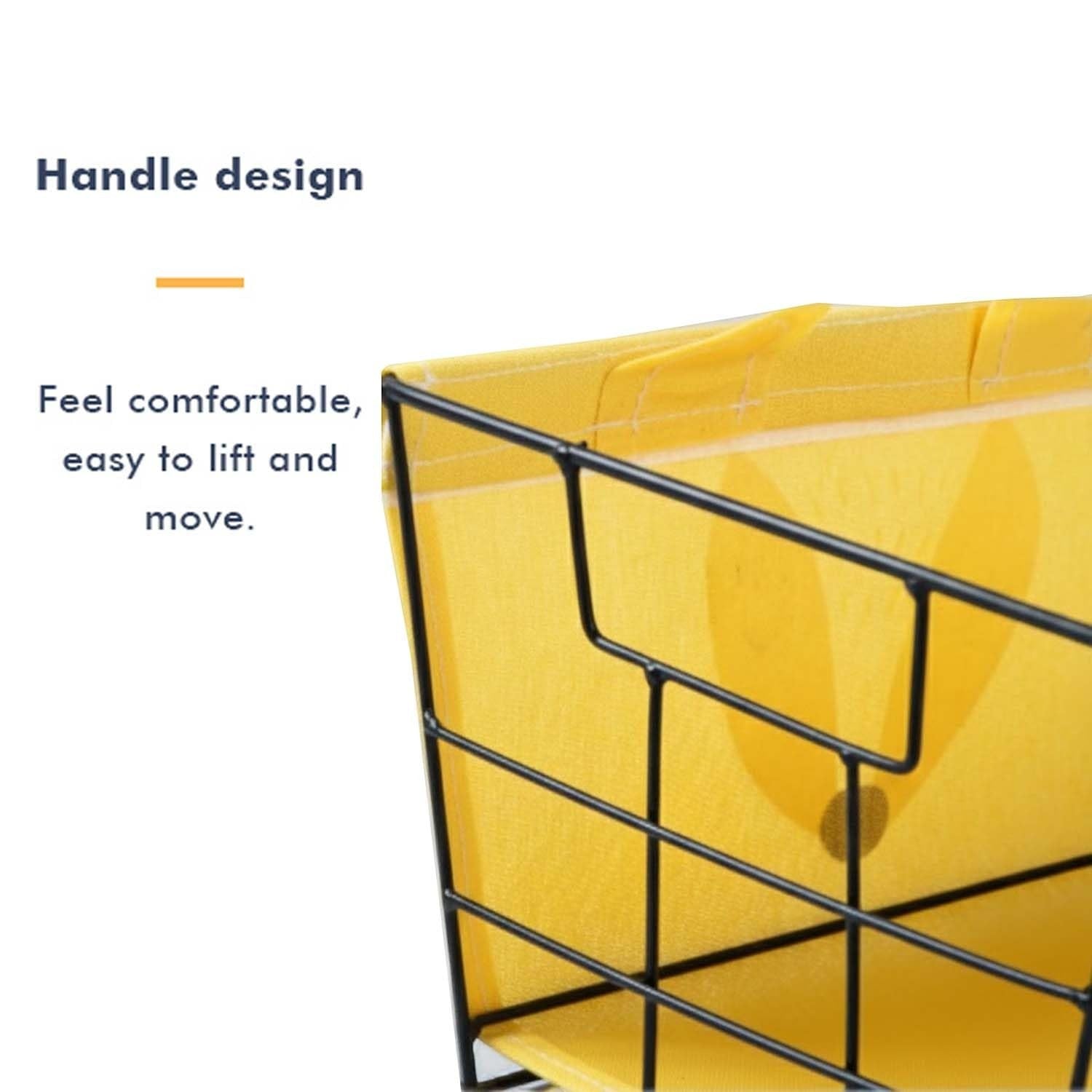 GoHooked yellow metal wire storage basket with detachable fabric liner and tiger design. Easy to lift and move.