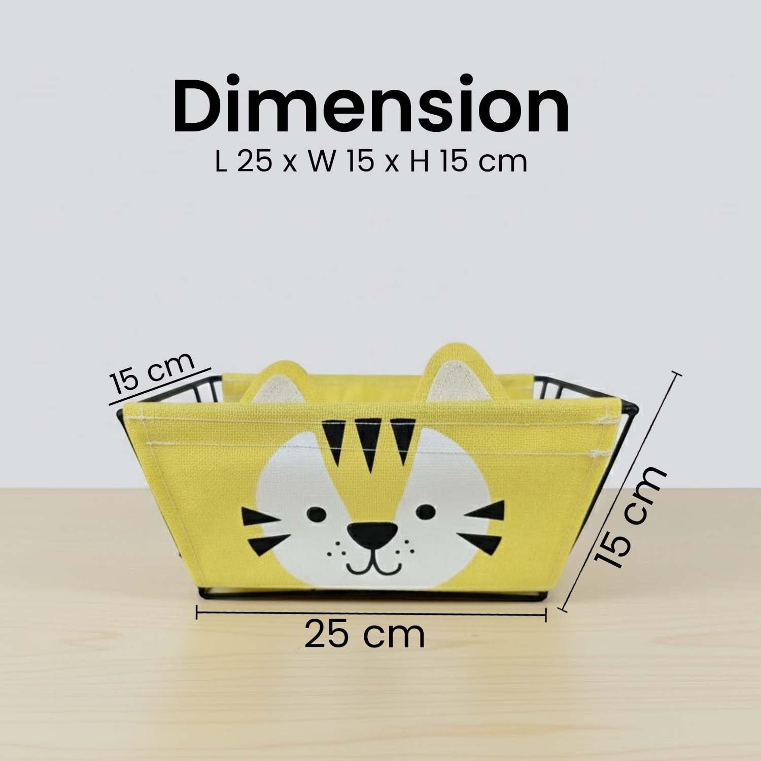 GoHooked yellow tiger face storage basket with detachable fabric liner and metal wire frame. Measures 25x15x15 cm.