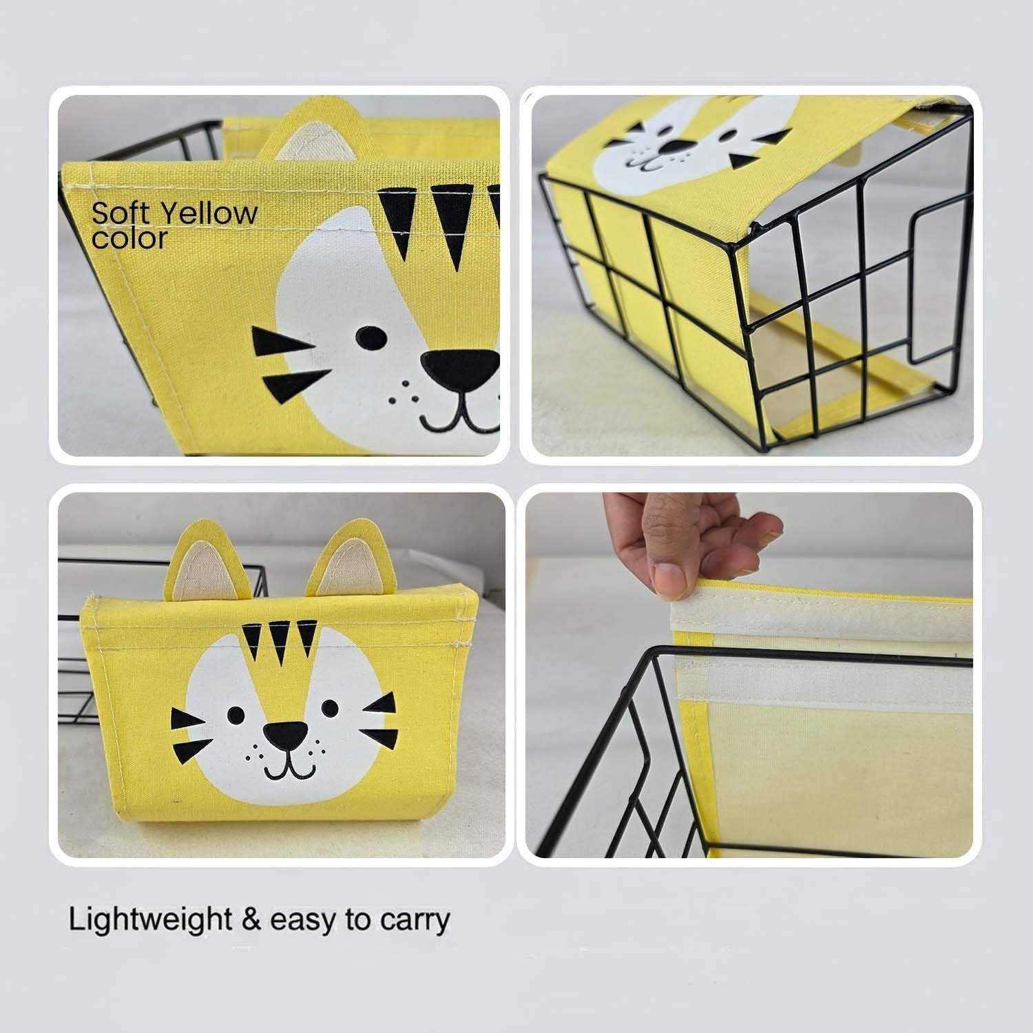 GoHooked yellow fabric storage basket with cute tiger face design and detachable liner. Metal wire frame.