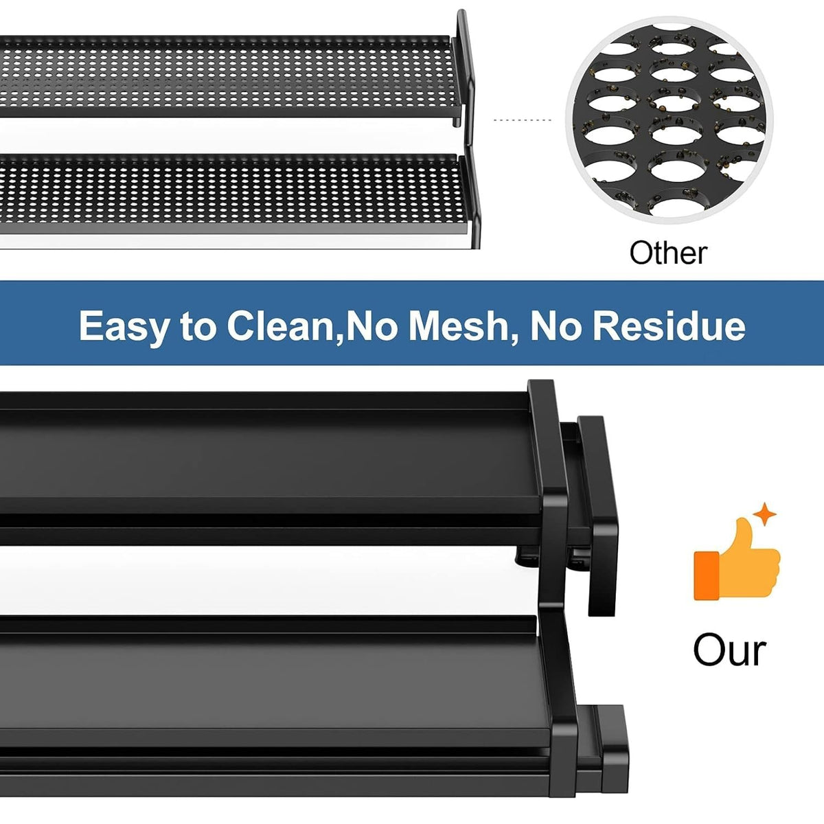 GoHookedHere black metal 2-tier expandable spice rack organizer with guardrails for cabinets and countertops.