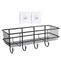 GoHookedHere black metal wall basket with 4 hooks, no-drill adhesive shelf for bathroom organization