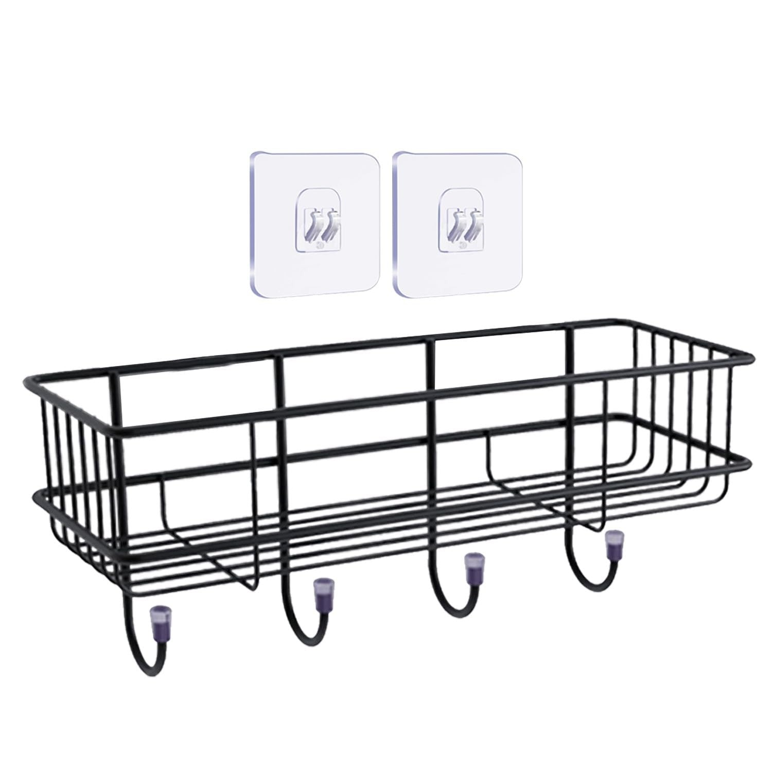GoHookedHere black metal wall basket with 4 hooks, no-drill adhesive shelf for bathroom organization