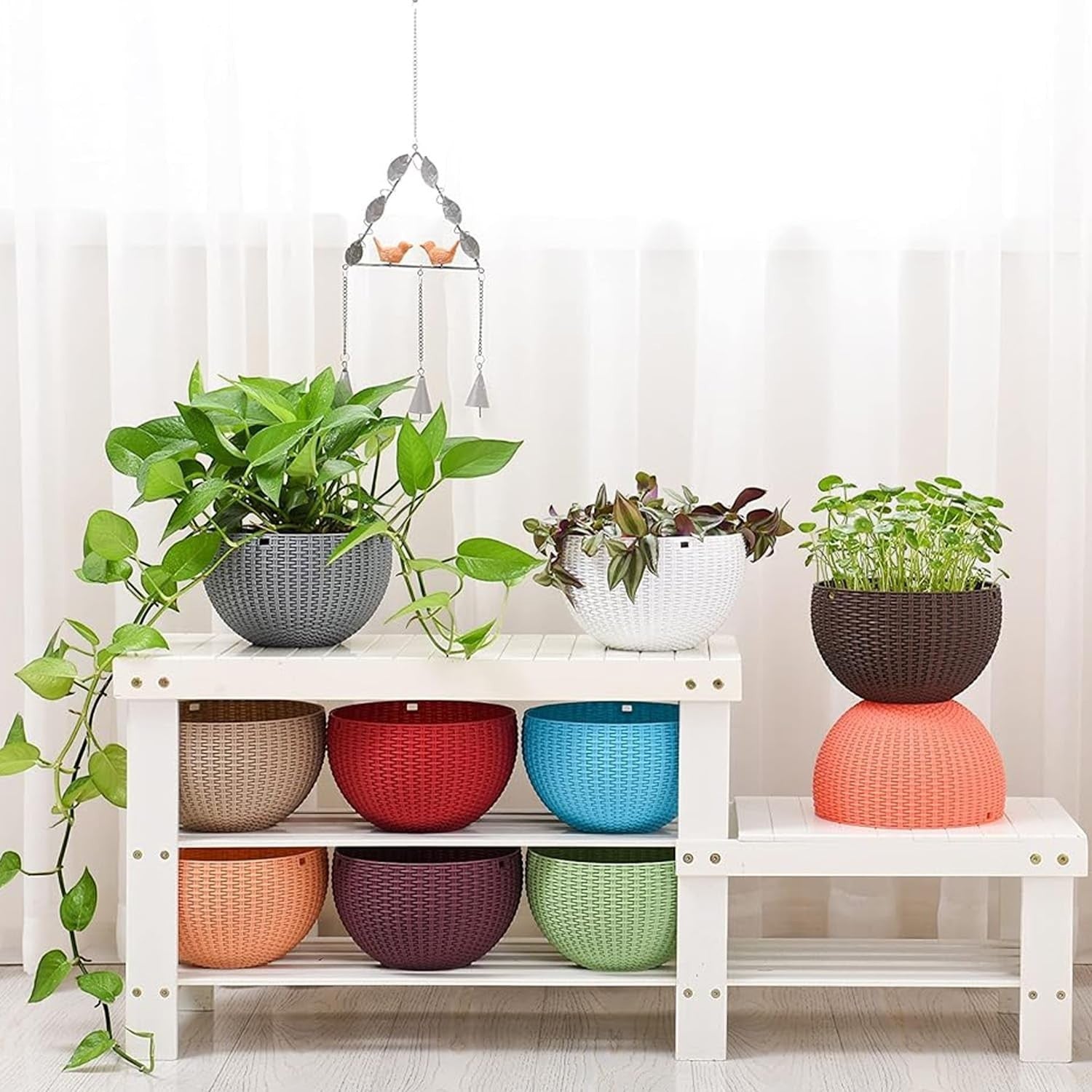 GoHookedHere hanging plastic planters with woven texture in green, grey, white, and brown. Set of 6.