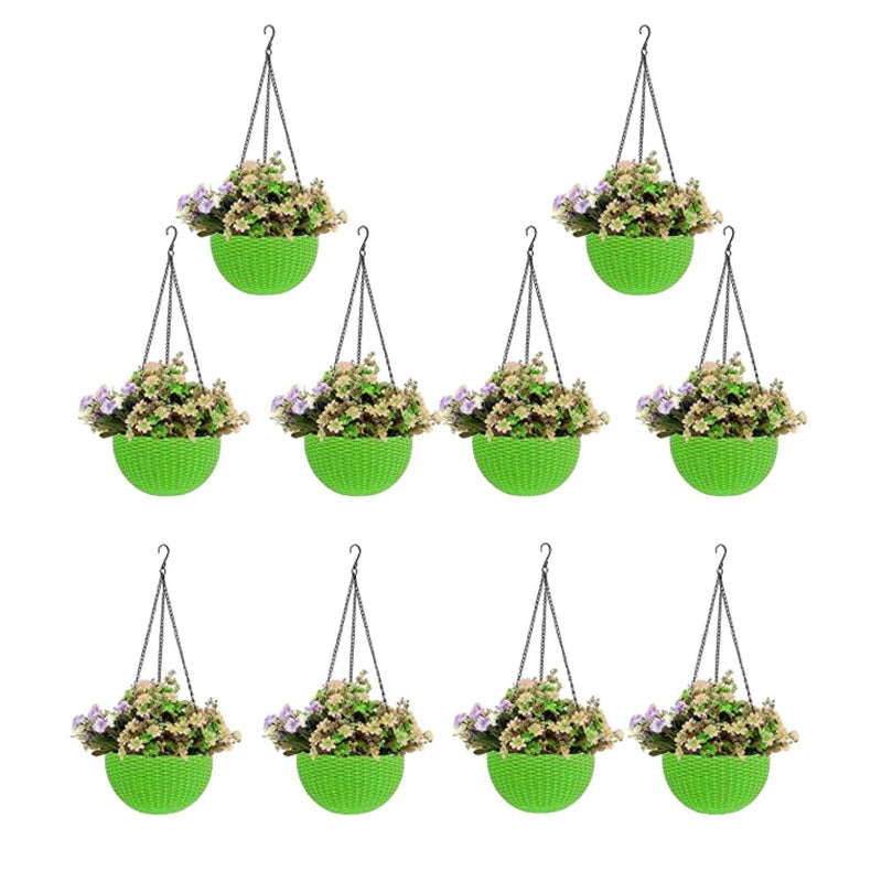 GoHookedHere 10 green hanging pots with woven texture, 7.1 inch diameter, filled with faux flowers.