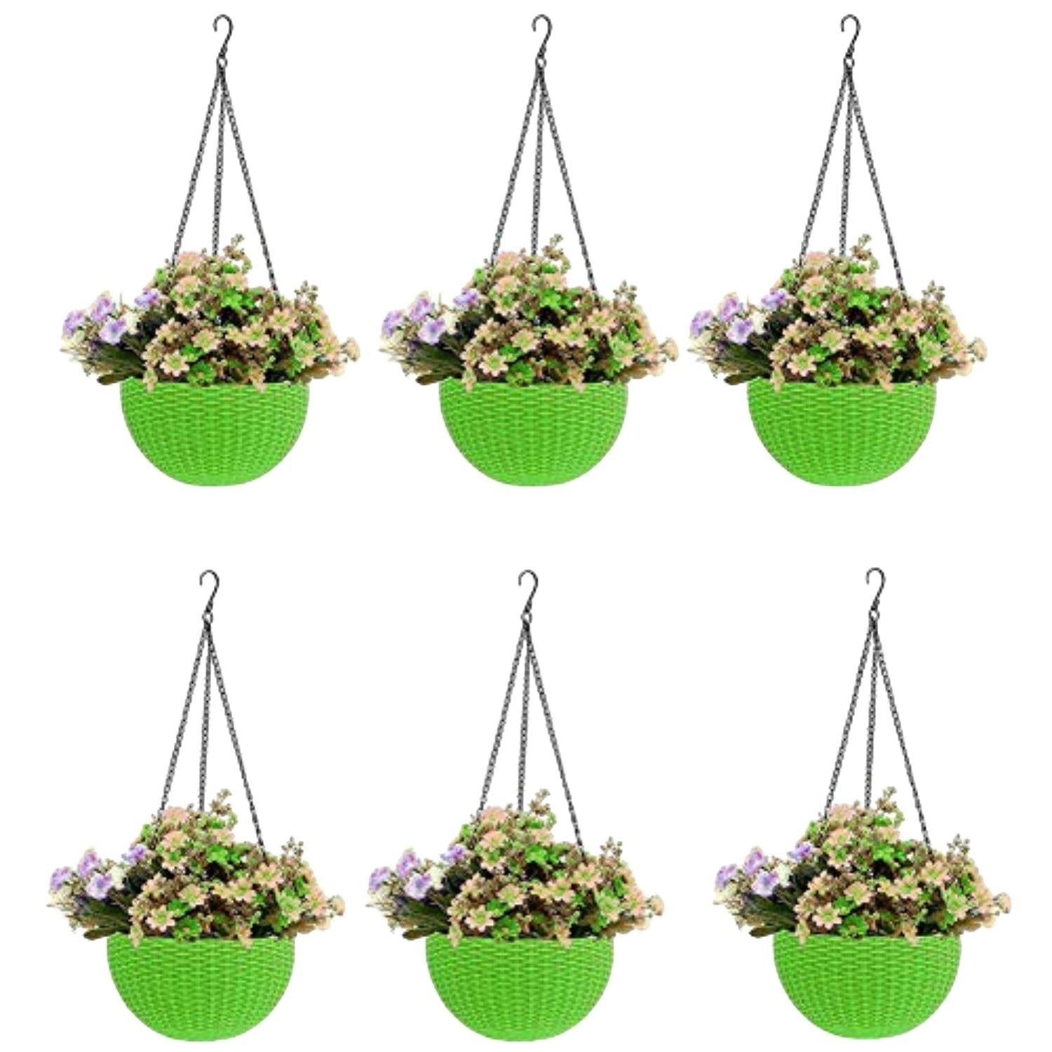 GoHookedHere green plastic hanging pots with woven texture, 7.1 inch diameter, set of 6.