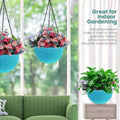 GoHookedHere light blue plastic hanging planter with woven texture, 7.1 inch diameter, for indoor gardening.