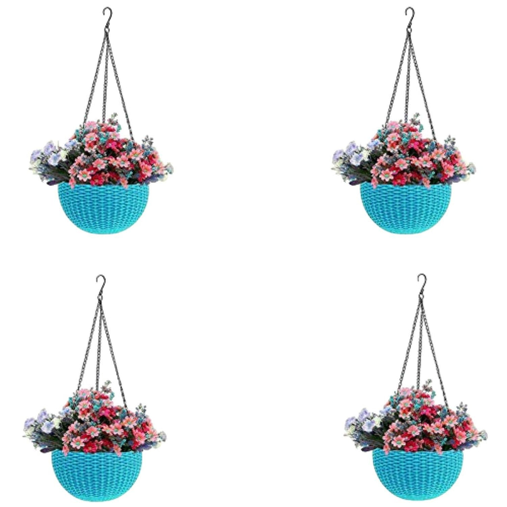 GoHookedHere set of 4 light blue plastic hanging pots with woven texture, filled with pink and purple flowers.