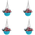 GoHookedHere set of 4 light blue plastic hanging pots with woven texture, filled with pink and purple flowers.