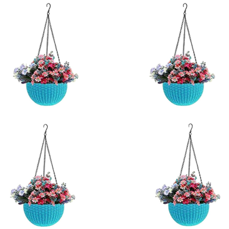 GoHookedHere set of 4 light blue plastic hanging pots with woven texture, filled with pink and purple flowers.