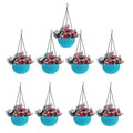 GoHookedHere light blue plastic hanging pots with woven texture, filled with pink and purple flowers. Set of 9.
