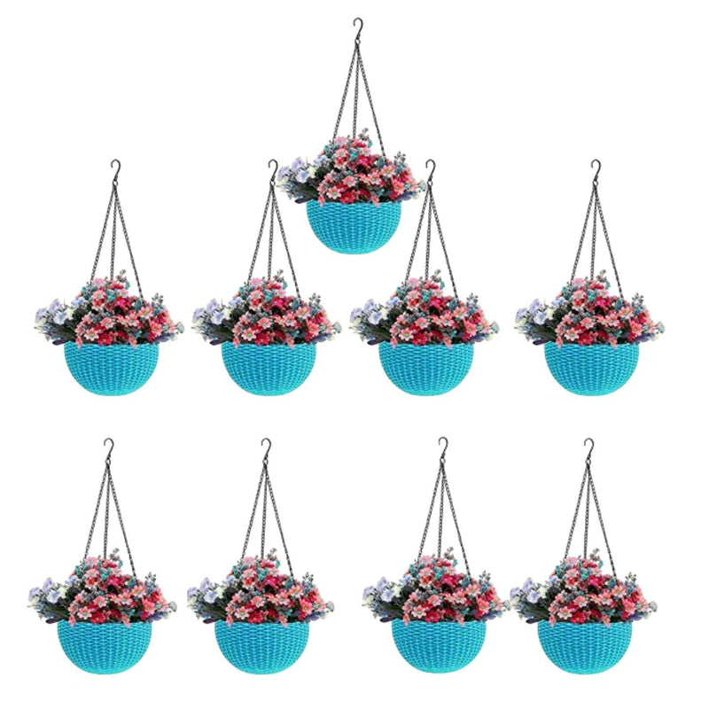 GoHookedHere light blue plastic hanging pots with woven texture, filled with pink and purple flowers. Set of 9.
