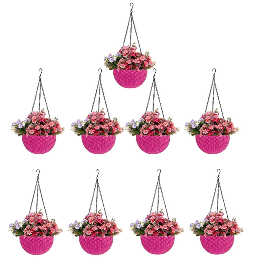 GoHookedHere pink plastic hanging pots with woven texture, 7.1 inch diameter, set of 9.