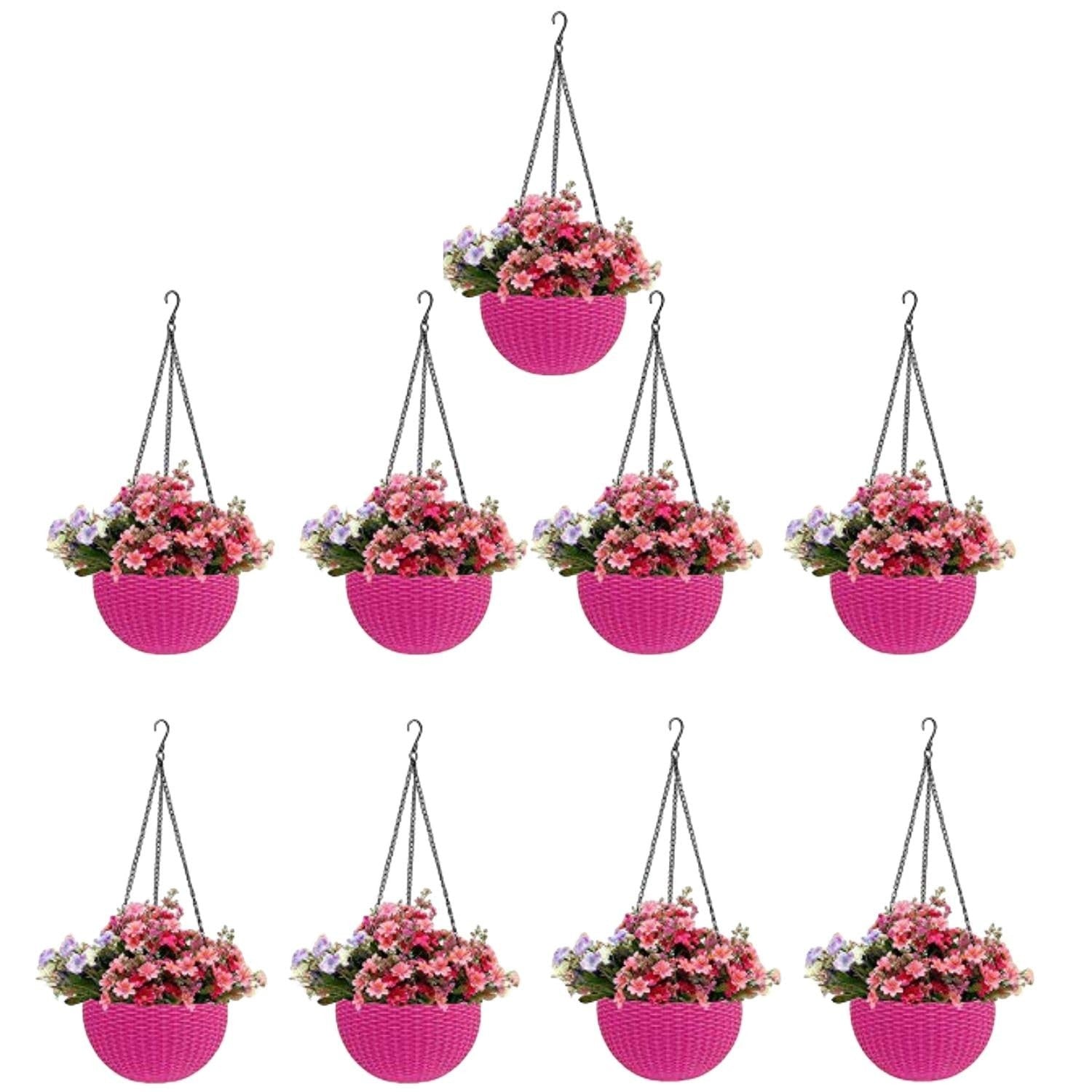 GoHookedHere pink plastic hanging pots with woven texture, 7.1 inch diameter, set of 9.