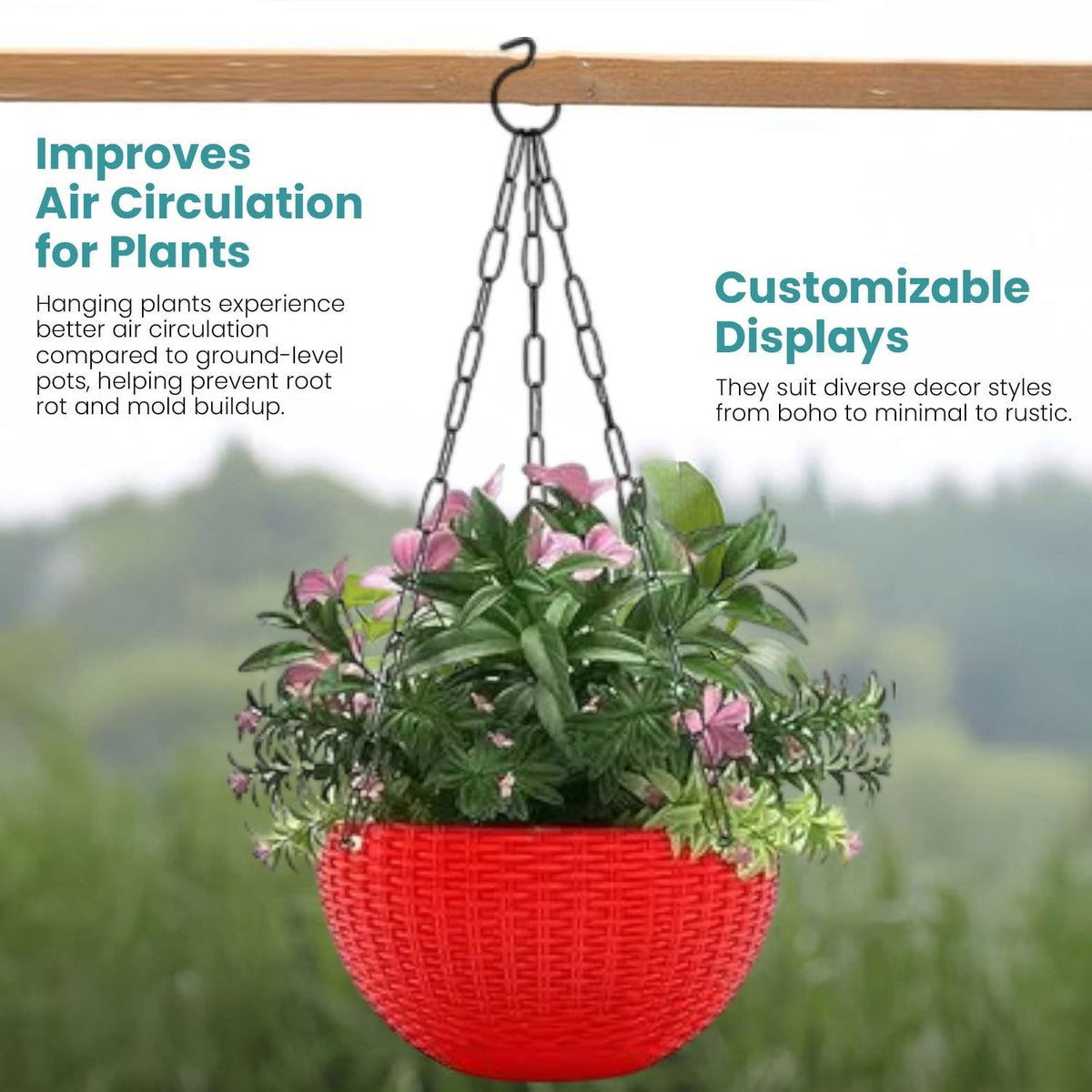 GoHookedHere red plastic hanging pot with woven texture, 7.1 inch diameter, includes chain. Ideal for indoor/outdoor use.