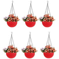 GoHookedHere red plastic hanging pots with woven texture, 7.1 inch diameter, filled with artificial flowers. Set of 6.