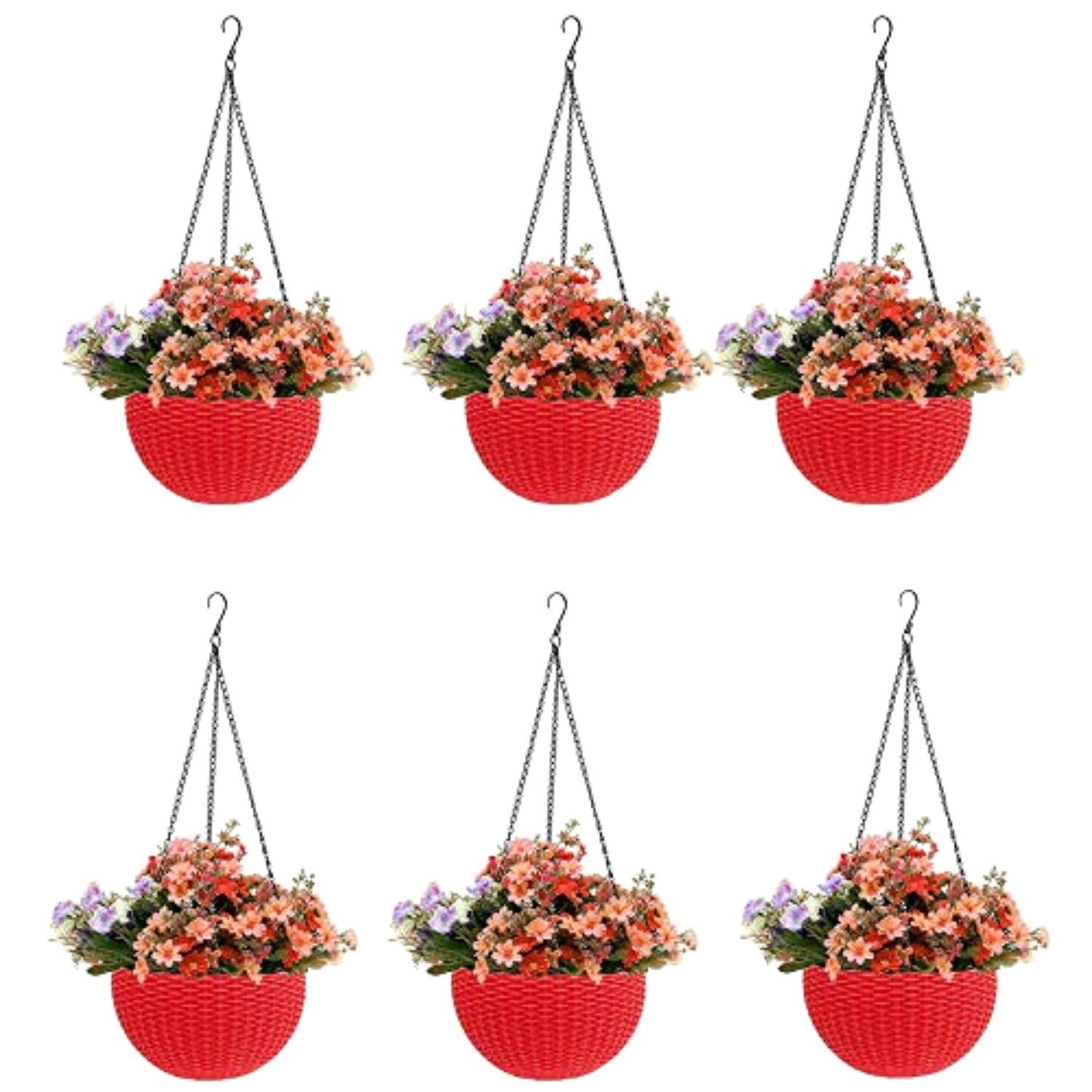 GoHookedHere red plastic hanging pots with woven texture, 7.1 inch diameter, filled with artificial flowers. Set of 6.