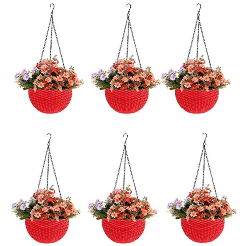 GoHookedHere red plastic hanging pots with woven texture, 7.1 inch diameter, filled with artificial flowers. Set of 6.