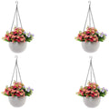 GoHookedHere hanging planter pot with woven texture, white plastic, filled with pink and purple flowers. Set of 4.