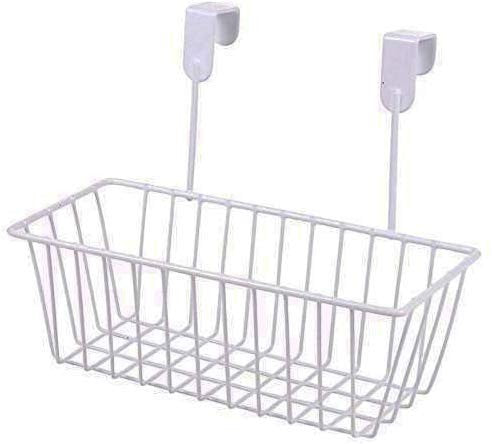 GoHookedHere over the cabinet storage basket made of white mild steel. Ideal for kitchen or bathroom organization.