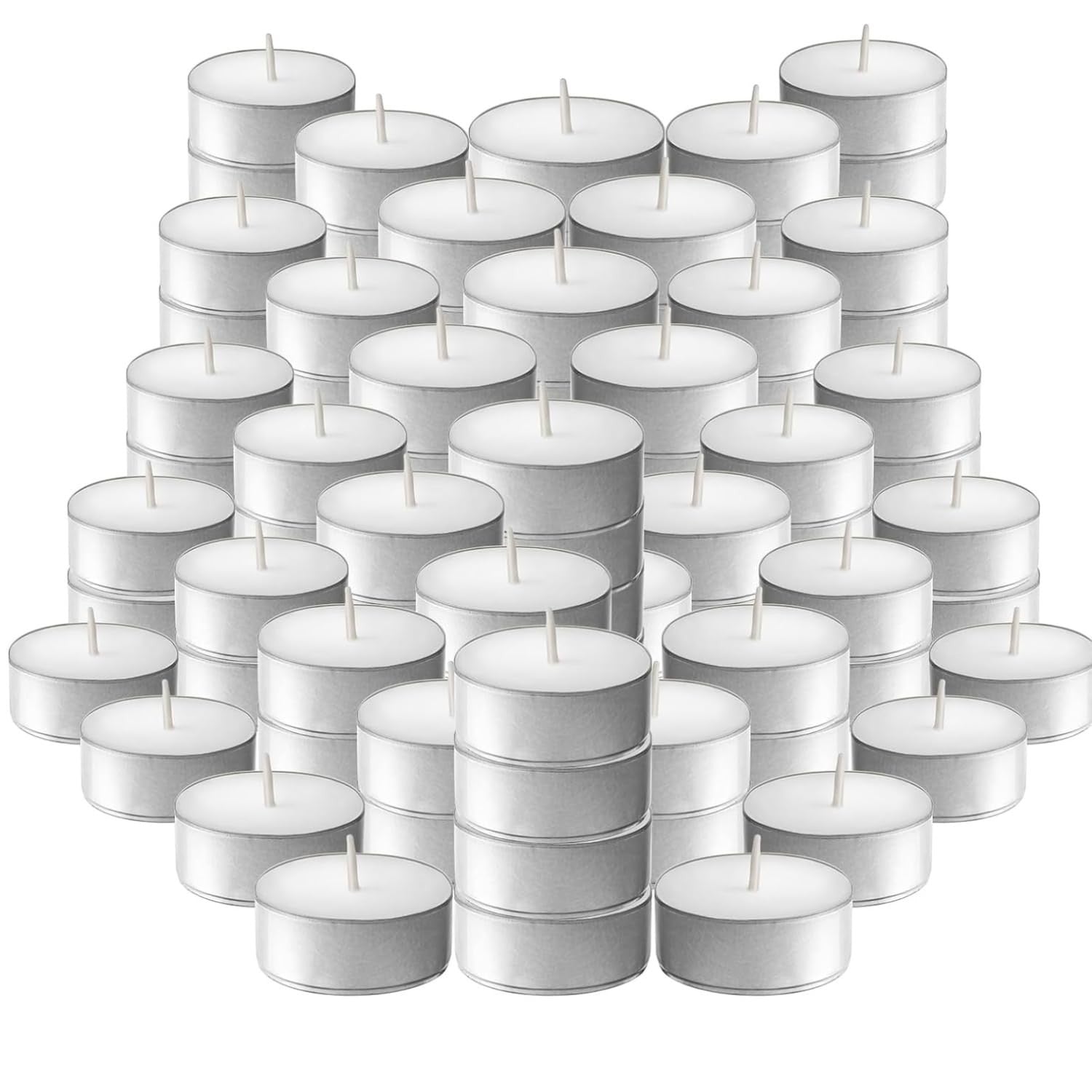 GoHookedHere set of 2pcs white tealight candles in silver metal cups, 3-4 hour burn time, ideal for festive decor.