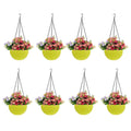 GoHookedHere yellow plastic hanging pots with woven texture, holding colorful artificial flowers. Set of 8.