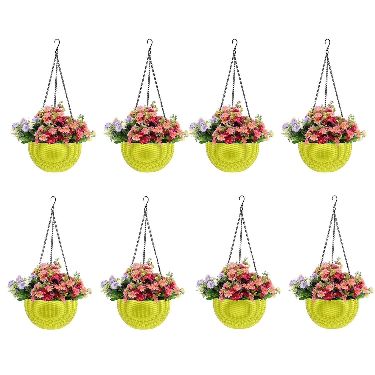 GoHookedHere yellow plastic hanging pots with woven texture, holding colorful artificial flowers. Set of 8.