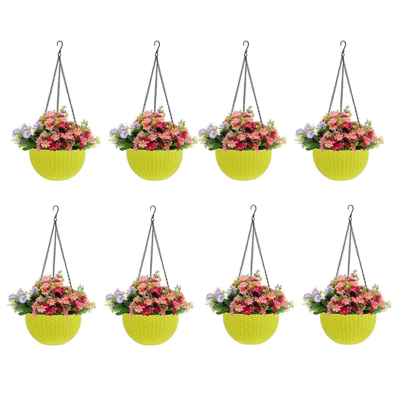 GoHookedHere yellow plastic hanging pots with woven texture, holding colorful artificial flowers. Set of 8.