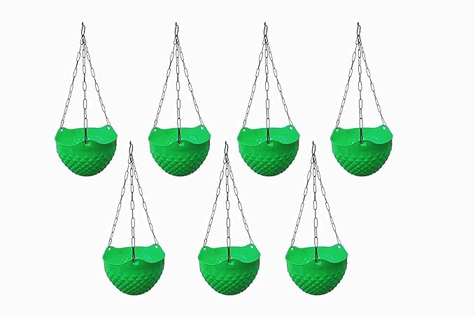 Go Hooked Round Crystal Plastic Flower Hanging Planter with Metal Hanging Chain/Beautiful Hanging Flower Pots for Home Garden Balcony (Orange)(Pack of 7)