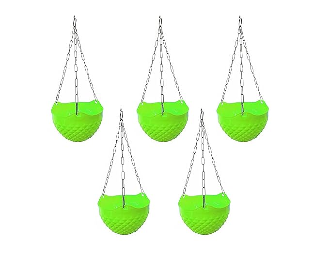 Go Hooked Round Crystal Plastic Flower Hanging Planter with Metal Hanging Chain/Beautiful Hanging Flower Pots for Home Garden Balcony (Orange)(Pack of 7)