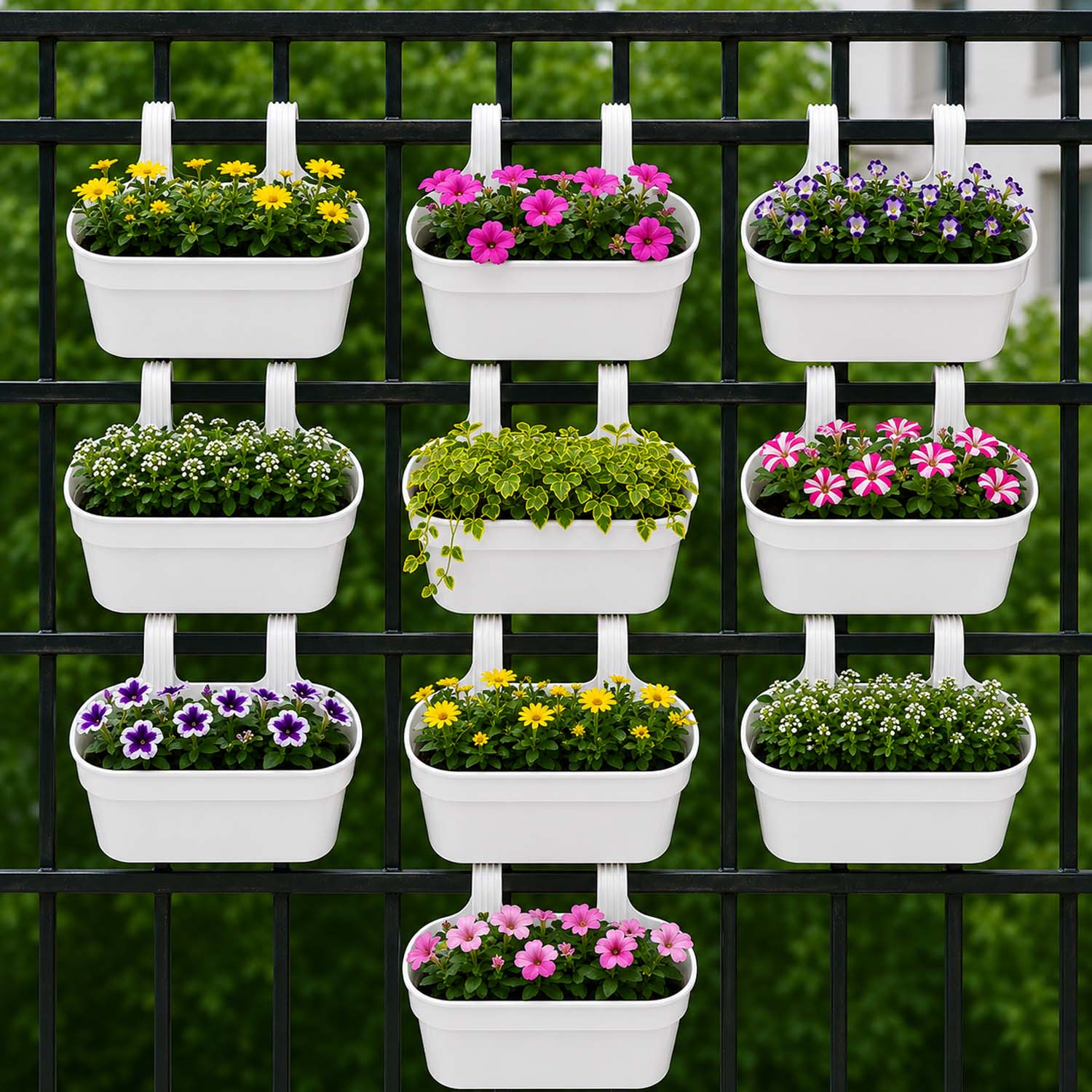 Go Hooked 12 Inch Plastic Railing Hanging Planter Pot Set of 10 | Rectangular Flower Pots with Double Hook for Garden Fence Balcony Indoor Outdoor Home Décor | Durable Plant Container (Blue)