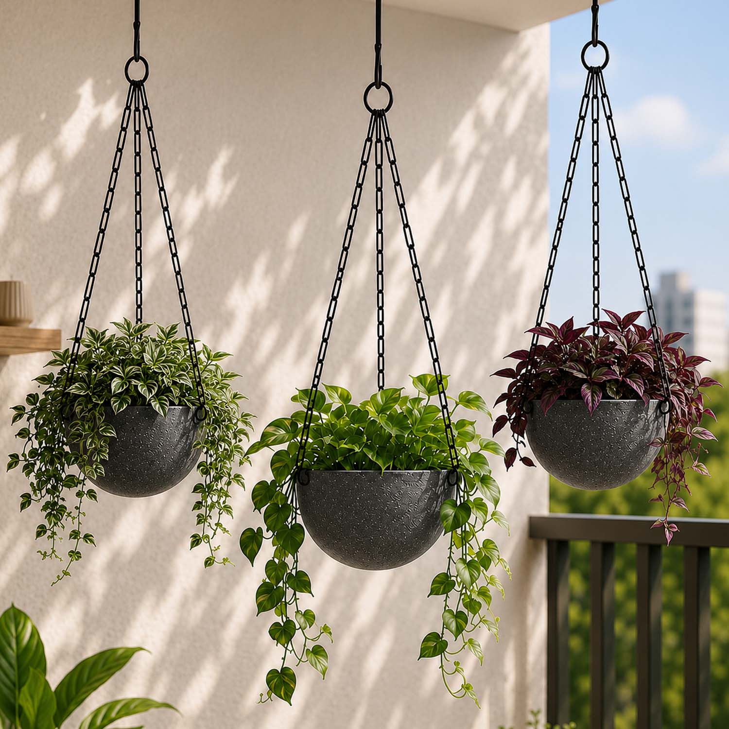 Go Hooked Plastic Round Hanging Planter, Set of 3, Multicolor, 7.1 Inch Diameter, 4.8 Inch Height, 33cm Chain, Indoor/Outdoor