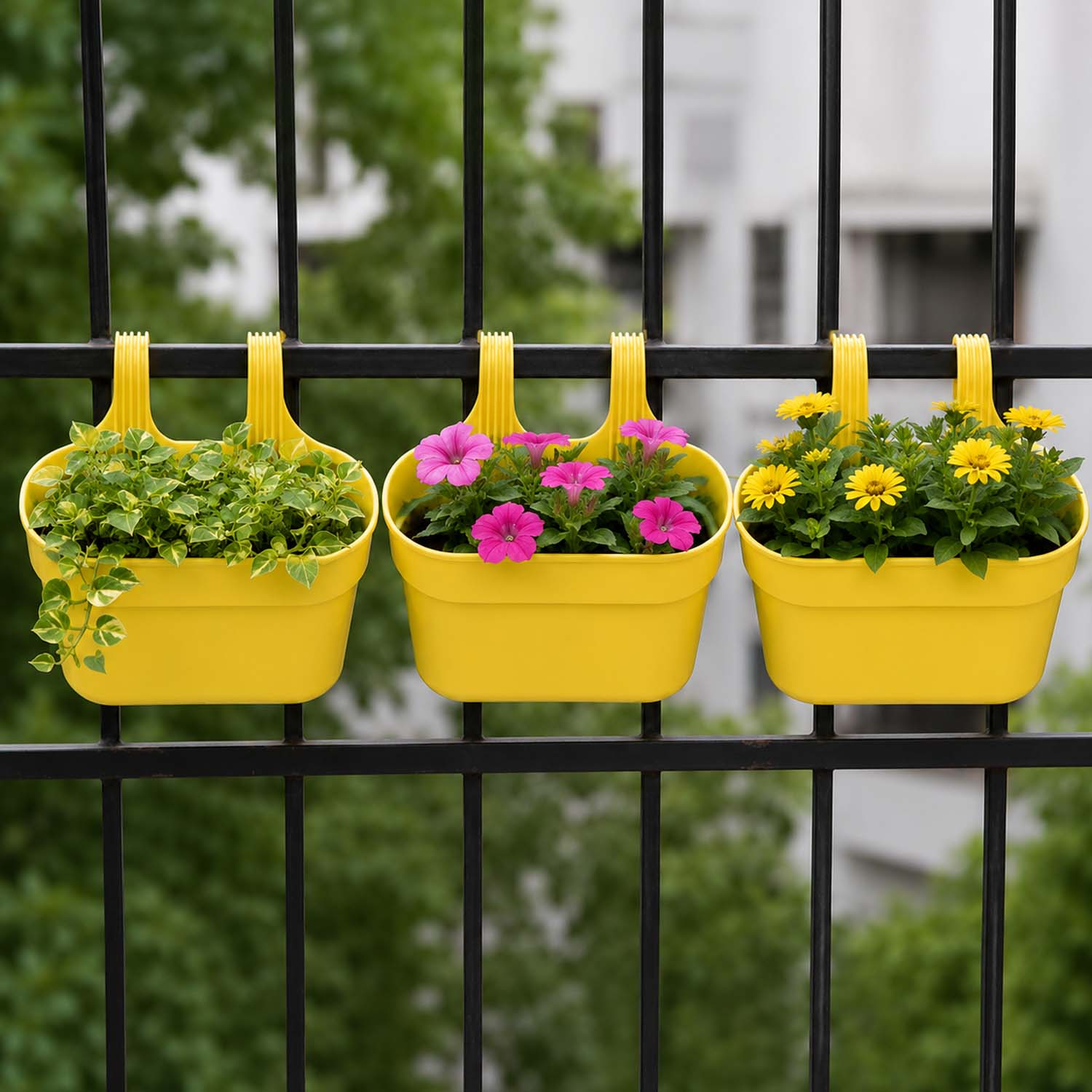 Go Hooked 12 Inch Plastic Railing Hanging Planter Pot Set of 10 | Rectangular Flower Pots with Double Hook for Garden Fence Balcony Indoor Outdoor Home Décor | Durable Plant Container (Blue)